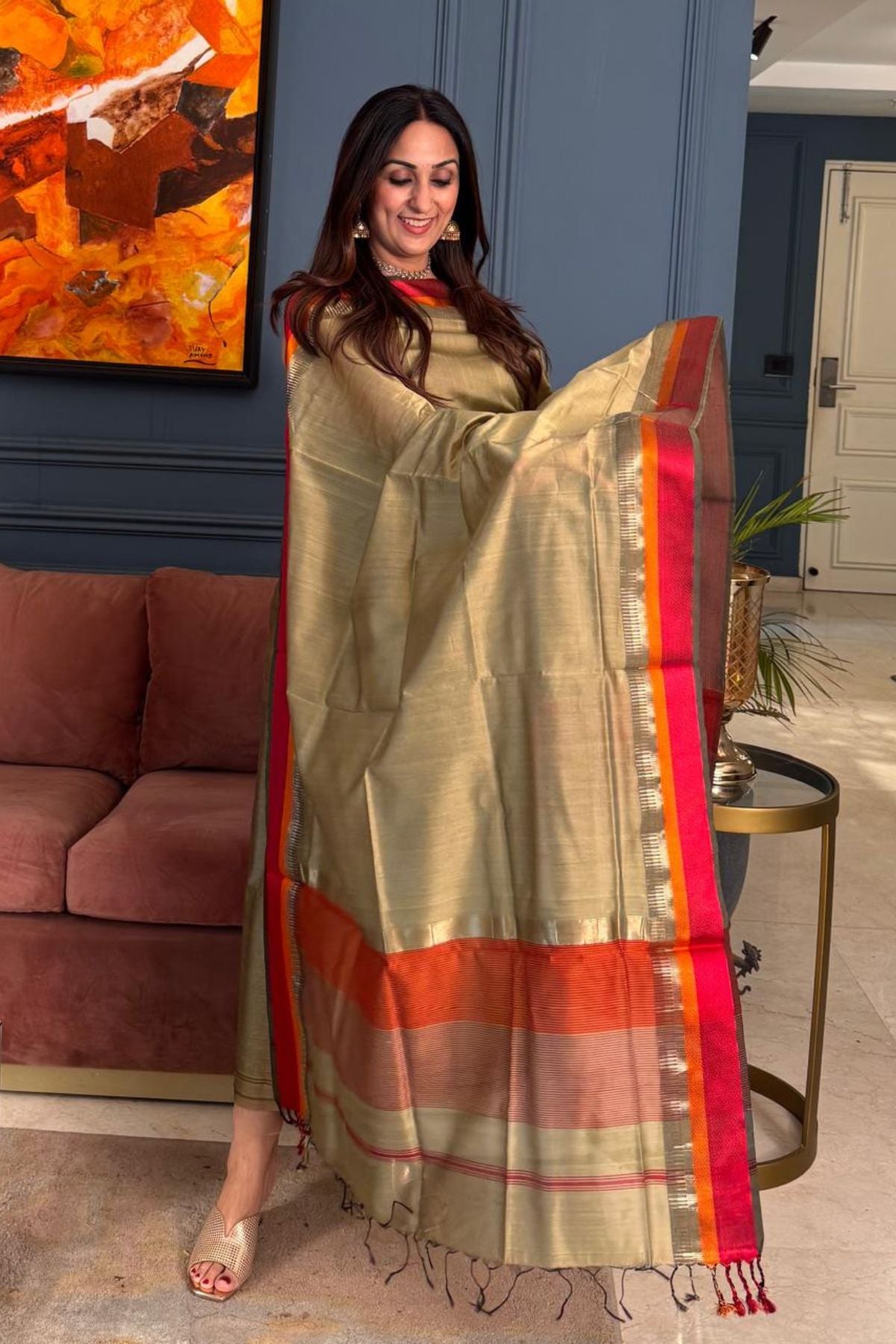 Maheshwari silk by cotton kurta dupatta set ( Olive Green Colour)